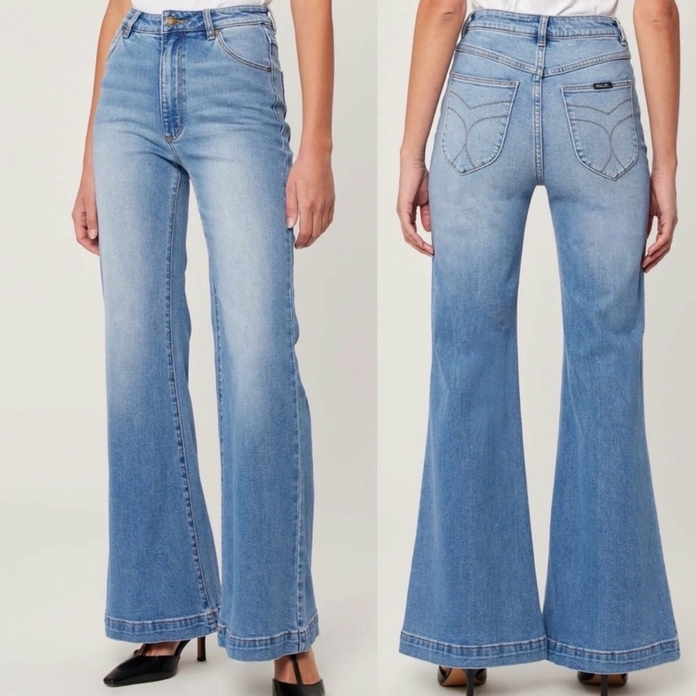 Rolla’s Eastcoast Flare Faded Distressed Wash Medium Blue Sz 25 Organic Cotton